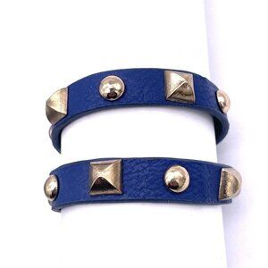 Yik Fung Studded Wrap Blue Leather Bracelet Snap Closure Adjustable 15 Inch